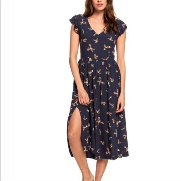 Roxy Rush Minute Short Sleeve Midi Dress Navy Floral Size Small - Picture 1 of 13